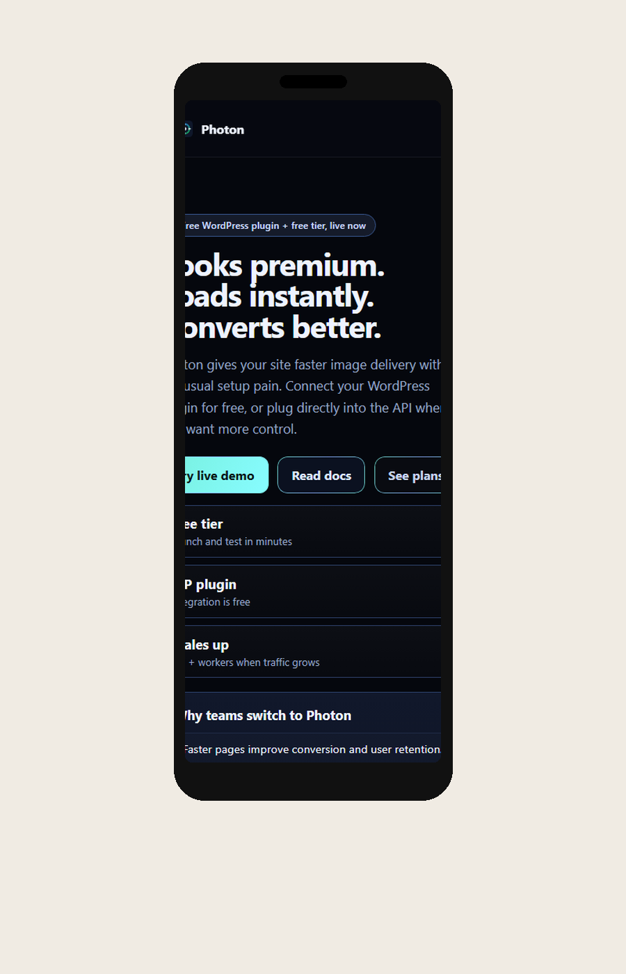 Photon homepage on a phone
